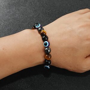 mens beaded bracelets（evil eye, tigers eye,hematite, obsidian）A handmade beaded crystal healing bracelet that can bring luck, happiness and protection(10mm elastic)