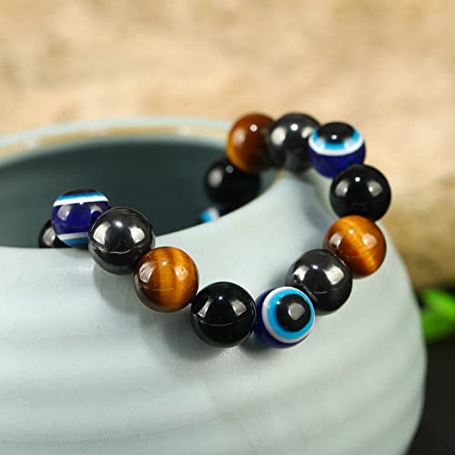 mens beaded bracelets（evil eye, tigers eye,hematite, obsidian）A handmade beaded crystal healing bracelet that can bring luck, happiness and protection(10mm elastic)