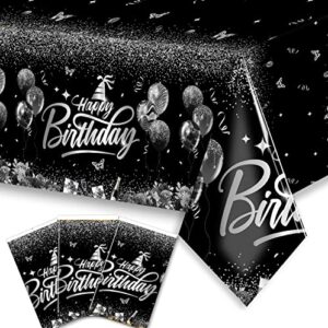 happy birthday decorations-3pcs sliver and black birthday tablecloth,rectangle plastic disposable birthday table covers party decoration for men women 90th 80th 70th 60th 50th 40th 30th birthday