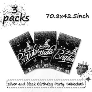 Happy Birthday Decorations-3pcs Sliver and Black Birthday Tablecloth,Rectangle Plastic Disposable Birthday Table Covers Party Decoration for Men Women 90th 80th 70th 60th 50th 40th 30th Birthday