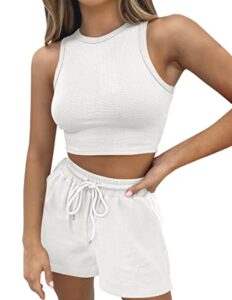 zesica women's waffle knit sleeveless crop top and shorts pullover nightwear lounge pajama set with pockets,cropwhite,small