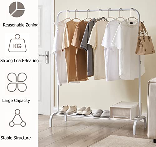 WEASHUME Clothes Rack 43.3 Inches Garment Rack,Coat stand with Bottom Shelf Portable Metal Clothing Rack for Hanging Clothes Coat Rack White