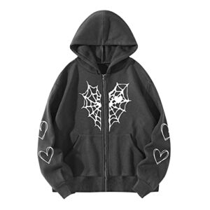 LMSXCT Women Y2K Spider Web Love Heart Hoodies Punk Jacket Coat Streetwear Goth Harajuku Oversized Zip Up Hooded Sweatshirt Dark Gray