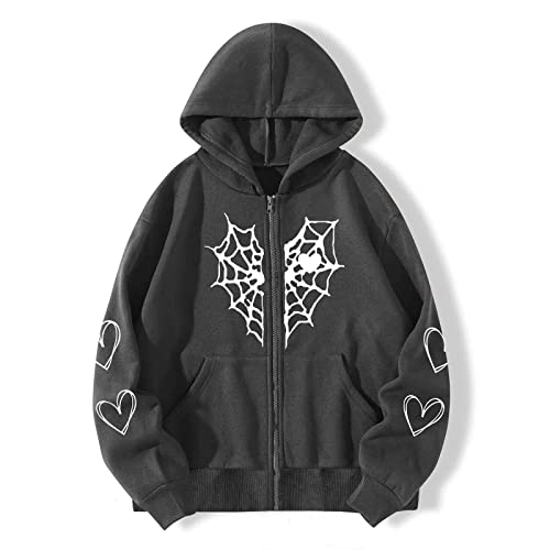 LMSXCT Women Y2K Spider Web Love Heart Hoodies Punk Jacket Coat Streetwear Goth Harajuku Oversized Zip Up Hooded Sweatshirt Dark Gray