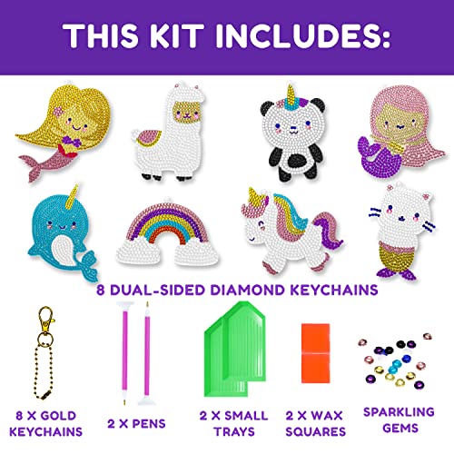 8 Diamond Painting Keychains Kit for Girls Crafts - Gem Art Kits for Kids Gem Painting Kit - Kawaii Diamond Art Keychains Kits for Crafts - Diamond Art for Kids Gem Stickers for Crafts (8 Pack, Girls)