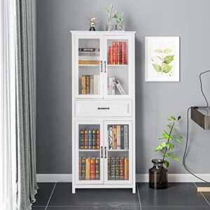 ssline 5-tier bookshelf bookcase with 4 doors,71'' wooden tall storage cabinet with one drawer and spray paint acrylic door,adjustable shelves for living room bedroom study office book organizer