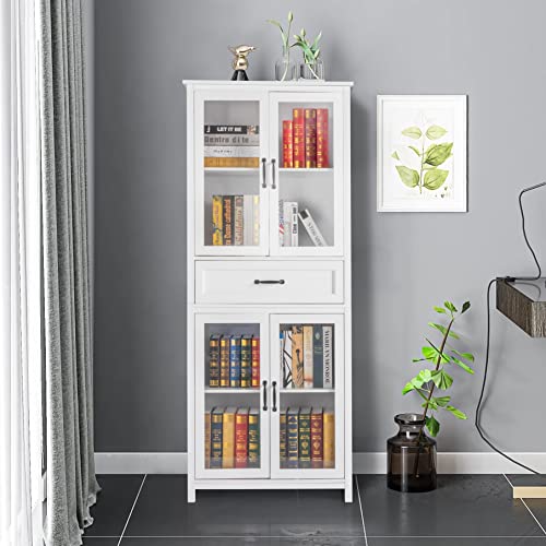 SSLine 5-Tier Bookshelf Bookcase with 4 Doors,71'' Wooden Tall Storage Cabinet with One Drawer and Spray Paint Acrylic Door,Adjustable Shelves for Living Room Bedroom Study Office Book Organizer