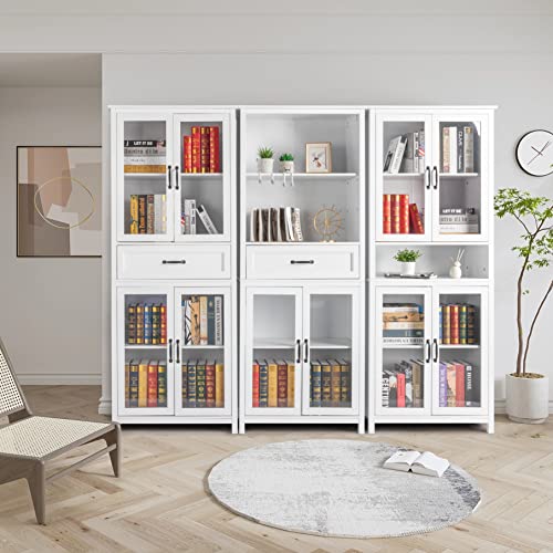 SSLine 5-Tier Bookshelf Bookcase with 4 Doors,71'' Wooden Tall Storage Cabinet with One Drawer and Spray Paint Acrylic Door,Adjustable Shelves for Living Room Bedroom Study Office Book Organizer