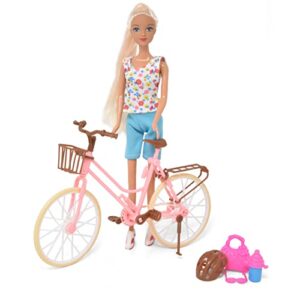 mini fashion doll on bike by beach playset for girls, includes doll with long blonde hair, bicycle, and accessories, boardwalk outdoor biking set toy for kids and toddlers ages 3 4 5 6 7 8