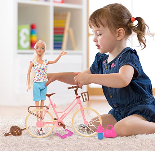 Mini Fashion Doll on Bike by Beach Playset for Girls, Includes Doll with Long Blonde Hair, Bicycle, and Accessories, Boardwalk Outdoor Biking Set Toy for Kids and Toddlers Ages 3 4 5 6 7 8