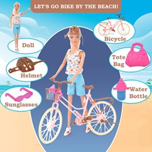 Mini Fashion Doll on Bike by Beach Playset for Girls, Includes Doll with Long Blonde Hair, Bicycle, and Accessories, Boardwalk Outdoor Biking Set Toy for Kids and Toddlers Ages 3 4 5 6 7 8