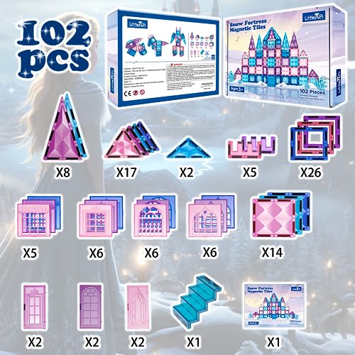 102pcs Frozen Princess Castle Magnetic Tiles Building Blocks - 3D Diamond Blocks, STEM Educational Toddler Toys for Pretend Play, 4 Year Old Girl Birthday Gifts Kids Ages 3 5 6 7 8