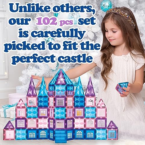 102pcs Frozen Princess Castle Magnetic Tiles Building Blocks - 3D Diamond Blocks, STEM Educational Toddler Toys for Pretend Play, 4 Year Old Girl Birthday Gifts Kids Ages 3 5 6 7 8