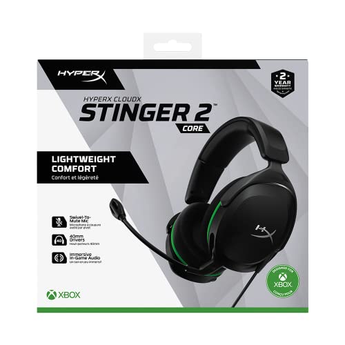 HyperX CloudX Stinger 2 Core - Gaming Headset for Xbox, Lightweight Over-Ear headsets with mic, Swivel-to-Mute Function, 40mm Drivers - Black