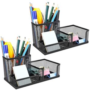 sawybish 2 pack 3 in 1 mesh pen holder for desk, 3 compartments pencil holder desk organizer caddy with sticky notes holder easy storage suitable for home, office and school