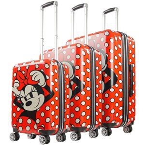 ful disney minnie mouse 3 piece set rolling luggage, polka dot printed hardshell suitcase with wheels, 21, 25 and 29 inch, red (fcfl0153-603)