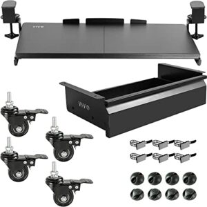 vivo 16 inch under desk mounted sliding pull-out drawer for desk, 27 inch clamp-on keyboard tray, 1.5 inch m8 locking caster wheels, cable tie set, black, desk-ack-01