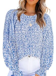 dokotoo cute tops for women floral print round neck smocked long sleeve blouses stylish summer shirts babydoll chiffon clothing for women blue m