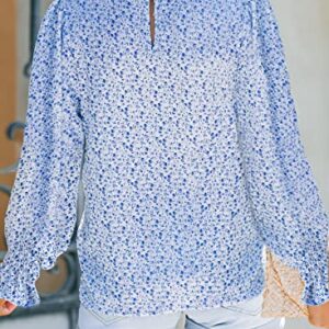 Dokotoo Cute Tops for Women Floral Print Round Neck Smocked Long Sleeve Blouses Stylish Summer Shirts Babydoll Chiffon Clothing for Women Blue M