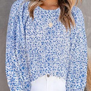 Dokotoo Cute Tops for Women Floral Print Round Neck Smocked Long Sleeve Blouses Stylish Summer Shirts Babydoll Chiffon Clothing for Women Blue M