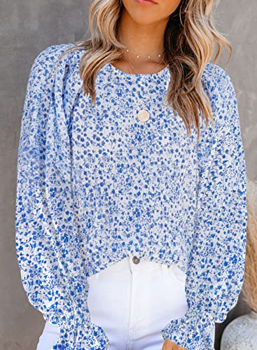 Dokotoo Cute Tops for Women Floral Print Round Neck Smocked Long Sleeve Blouses Stylish Summer Shirts Babydoll Chiffon Clothing for Women Blue M