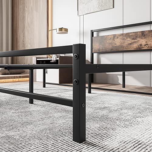 FOUBAM Queen Bed Frame with Wood Headboard,Heavy Duty Platform Bed Frames with Storage No Box Spring Needed,Reinforced Steel Square Pipe Mattress Foundation Noise Free,Black and Rustic Brown