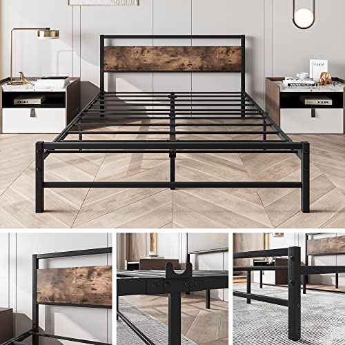 FOUBAM Queen Bed Frame with Wood Headboard,Heavy Duty Platform Bed Frames with Storage No Box Spring Needed,Reinforced Steel Square Pipe Mattress Foundation Noise Free,Black and Rustic Brown