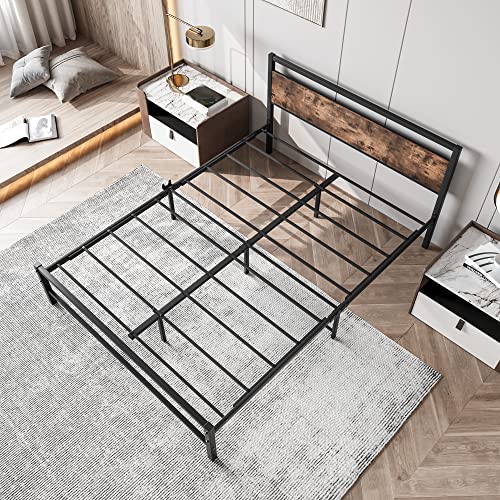 FOUBAM Queen Bed Frame with Wood Headboard,Heavy Duty Platform Bed Frames with Storage No Box Spring Needed,Reinforced Steel Square Pipe Mattress Foundation Noise Free,Black and Rustic Brown