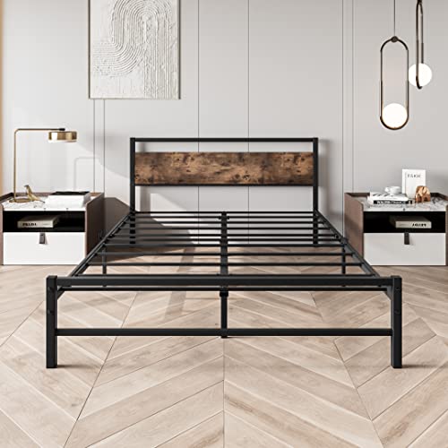 FOUBAM Queen Bed Frame with Wood Headboard,Heavy Duty Platform Bed Frames with Storage No Box Spring Needed,Reinforced Steel Square Pipe Mattress Foundation Noise Free,Black and Rustic Brown