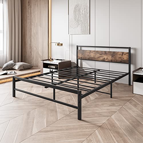 FOUBAM Queen Bed Frame with Wood Headboard,Heavy Duty Platform Bed Frames with Storage No Box Spring Needed,Reinforced Steel Square Pipe Mattress Foundation Noise Free,Black and Rustic Brown