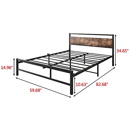 FOUBAM Queen Bed Frame with Wood Headboard,Heavy Duty Platform Bed Frames with Storage No Box Spring Needed,Reinforced Steel Square Pipe Mattress Foundation Noise Free,Black and Rustic Brown