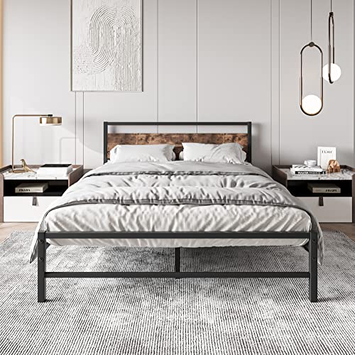 FOUBAM Queen Bed Frame with Wood Headboard,Heavy Duty Platform Bed Frames with Storage No Box Spring Needed,Reinforced Steel Square Pipe Mattress Foundation Noise Free,Black and Rustic Brown