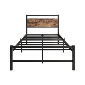 FOUBAM Twin Bed Frame with Wood Headboard,Farmhouse Bed Twin Metal Platform Bed Frames No Box Spring Needed,Firm Mattress Foundation Steel Slats Support,Under Bed Storage Without Noise,Vintage Brown