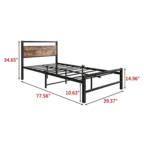 FOUBAM Twin Bed Frame with Wood Headboard,Farmhouse Bed Twin Metal Platform Bed Frames No Box Spring Needed,Firm Mattress Foundation Steel Slats Support,Under Bed Storage Without Noise,Vintage Brown