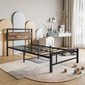 FOUBAM Twin Bed Frame with Wood Headboard,Farmhouse Bed Twin Metal Platform Bed Frames No Box Spring Needed,Firm Mattress Foundation Steel Slats Support,Under Bed Storage Without Noise,Vintage Brown