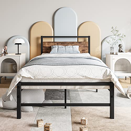 FOUBAM Twin Bed Frame with Wood Headboard,Farmhouse Bed Twin Metal Platform Bed Frames No Box Spring Needed,Firm Mattress Foundation Steel Slats Support,Under Bed Storage Without Noise,Vintage Brown
