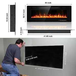 BREEZEHEAT 50inch Electric Fireplace Recessed Wall Mounted-Ultra Thin Fireplace Heater for Living Room/Bedroom with 2 Heat Vents, Remote Control, Touch Screen, Adjustable Flame, 8H Timer, 750w/1500w