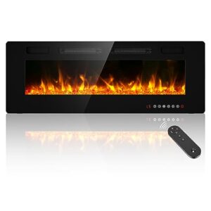 breezeheat 50inch electric fireplace recessed wall mounted-ultra thin fireplace heater for living room/bedroom with 2 heat vents, remote control, touch screen, adjustable flame, 8h timer, 750w/1500w