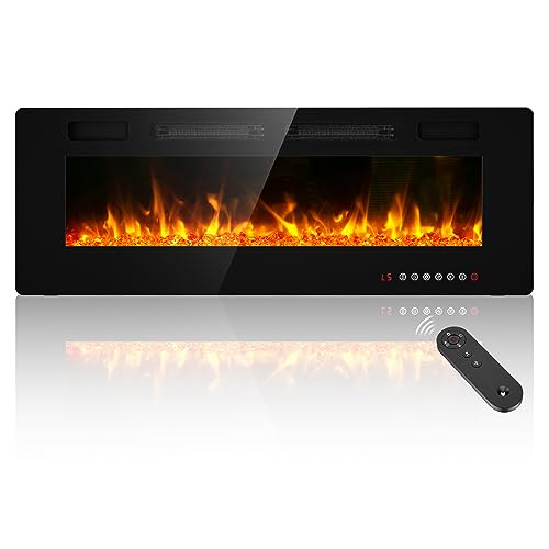 BREEZEHEAT 50inch Electric Fireplace Recessed Wall Mounted-Ultra Thin Fireplace Heater for Living Room/Bedroom with 2 Heat Vents, Remote Control, Touch Screen, Adjustable Flame, 8H Timer, 750w/1500w