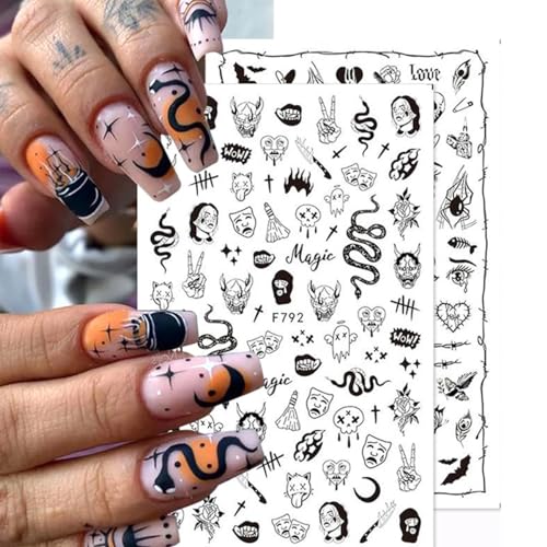 8 Sheets Black Snake Nail Art Stickers 3D Skull Gothic Nail Decals Designer Nail Stickers Nail Art Supplies Horror Goth Punk Ghost Face Nail Stickers Designs for Acrylic Nails Decorations Charms