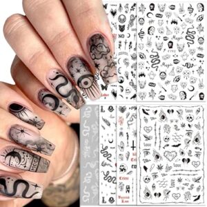 8 sheets black snake nail art stickers 3d skull gothic nail decals designer nail stickers nail art supplies horror goth punk ghost face nail stickers designs for acrylic nails decorations charms