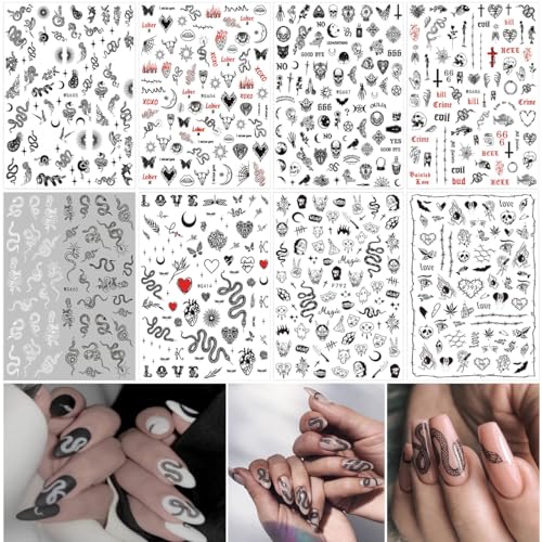 8 Sheets Black Snake Nail Art Stickers 3D Skull Gothic Nail Decals Designer Nail Stickers Nail Art Supplies Horror Goth Punk Ghost Face Nail Stickers Designs for Acrylic Nails Decorations Charms