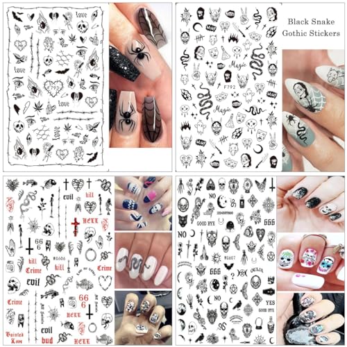 8 Sheets Black Snake Nail Art Stickers 3D Skull Gothic Nail Decals Designer Nail Stickers Nail Art Supplies Horror Goth Punk Ghost Face Nail Stickers Designs for Acrylic Nails Decorations Charms