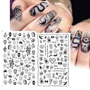 8 Sheets Black Snake Nail Art Stickers 3D Skull Gothic Nail Decals Designer Nail Stickers Nail Art Supplies Horror Goth Punk Ghost Face Nail Stickers Designs for Acrylic Nails Decorations Charms