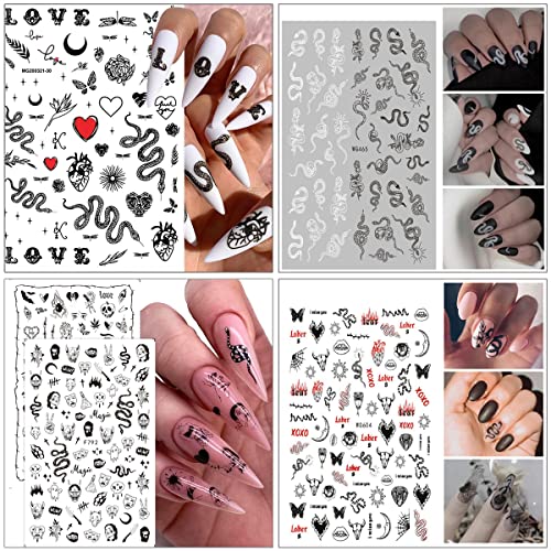 8 Sheets Black Snake Nail Art Stickers 3D Skull Gothic Nail Decals Designer Nail Stickers Nail Art Supplies Horror Goth Punk Ghost Face Nail Stickers Designs for Acrylic Nails Decorations Charms