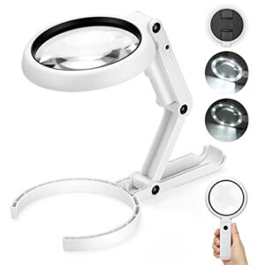 22x 10x magnifying glass with light and stand, 3.35inch large foldable handheld magnifying glass with dimmable 8 led, hands free lighted desktop magnifier for reading, jewelry, crafts, cross stitch