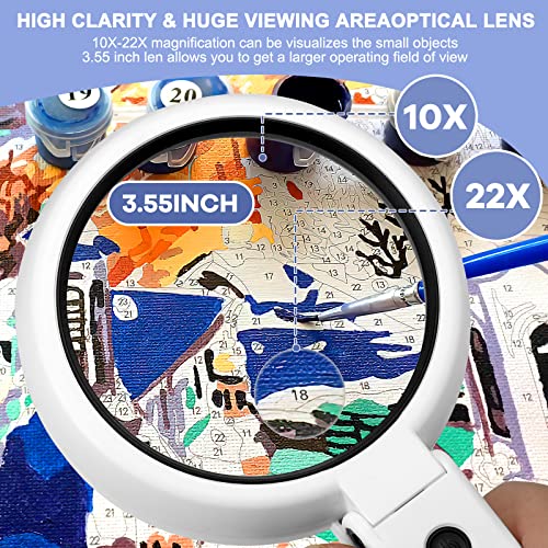 22X 10X Magnifying Glass with Light and Stand, 3.35INCH Large Foldable Handheld Magnifying Glass with Dimmable 8 LED, Hands Free Lighted Desktop Magnifier for Reading, Jewelry, Crafts, Cross Stitch