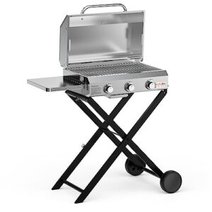 onlyfire bbq gas grill with 3 burners and foldable cart for easy transport, stainless steel portable propane grill with versatile side shelf for outdoor patio backyard camping, tailgating, rv trip