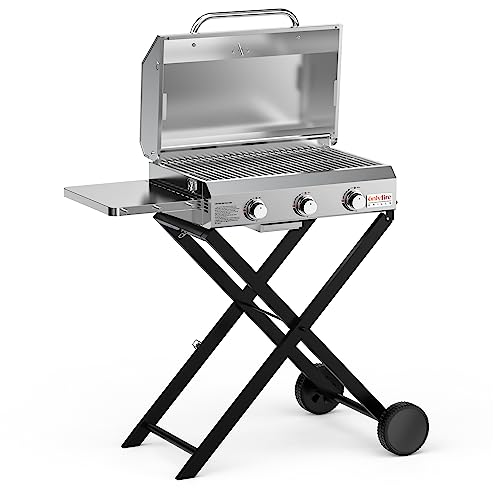 Onlyfire BBQ Gas Grill with 3 Burners and Foldable Cart for Easy Transport, Stainless Steel Portable Propane Grill with Versatile Side Shelf for Outdoor Patio Backyard Camping, Tailgating, RV Trip