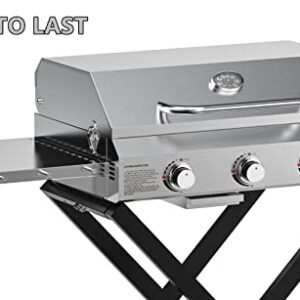 Onlyfire BBQ Gas Grill with 3 Burners and Foldable Cart for Easy Transport, Stainless Steel Portable Propane Grill with Versatile Side Shelf for Outdoor Patio Backyard Camping, Tailgating, RV Trip